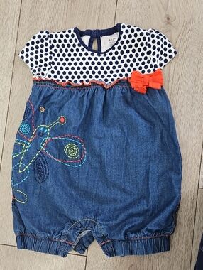GEORGE Baby Girl Polka Dot Denim Butterfly Romper One Piece 9-12 Months🩷